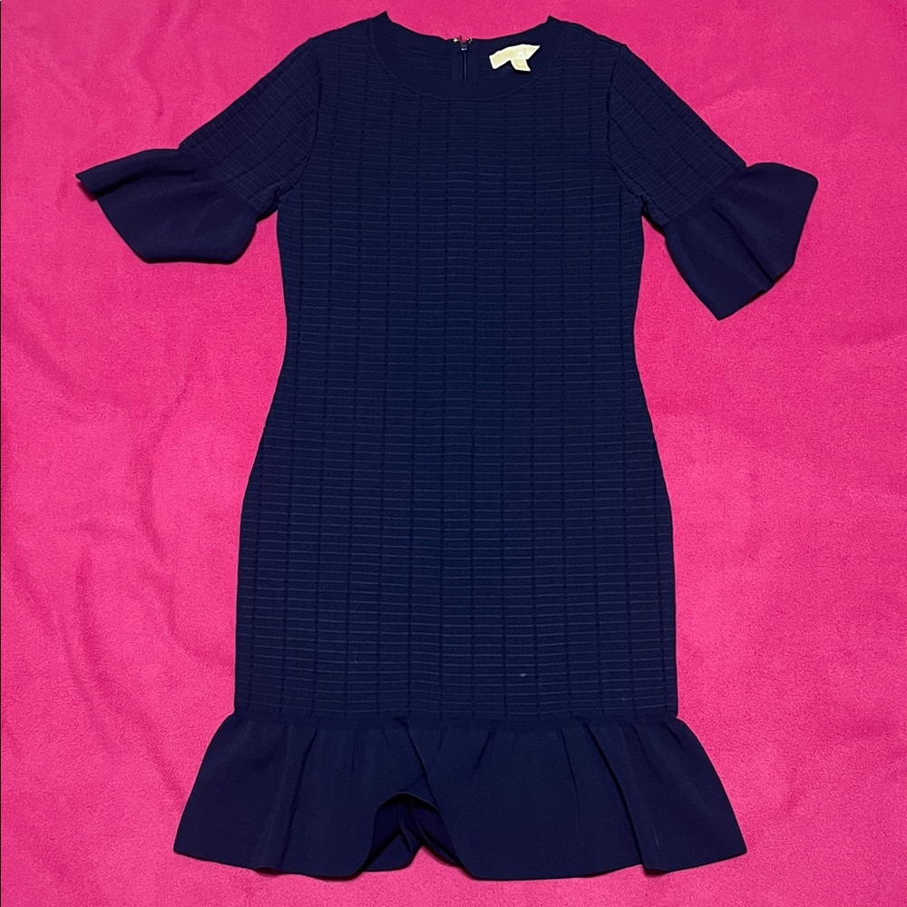 Michael Kors Navy Textured Knit Dress with Ruffle Hem
